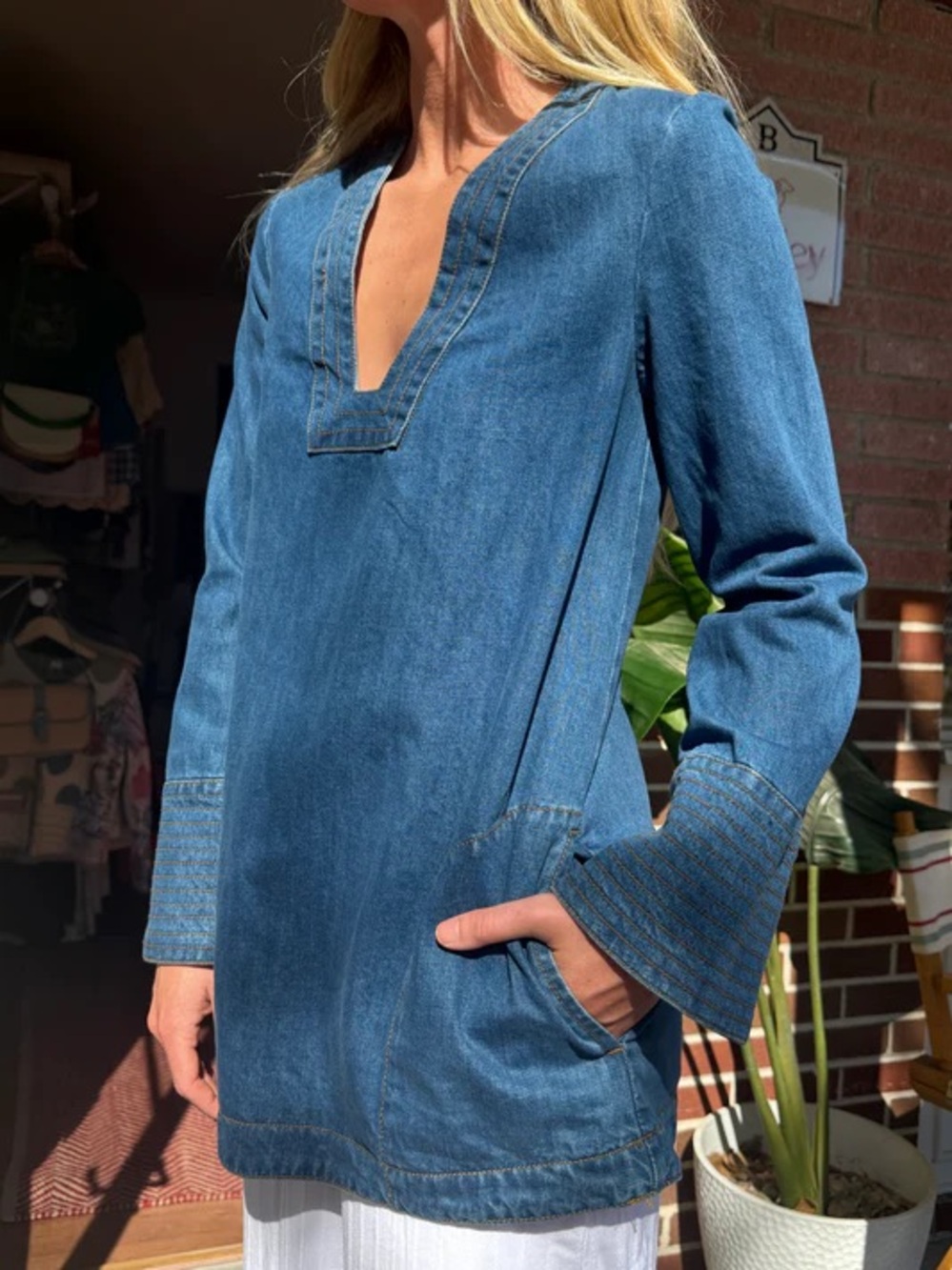 Denim Tunic Top with V-Neck and Patch Pockets